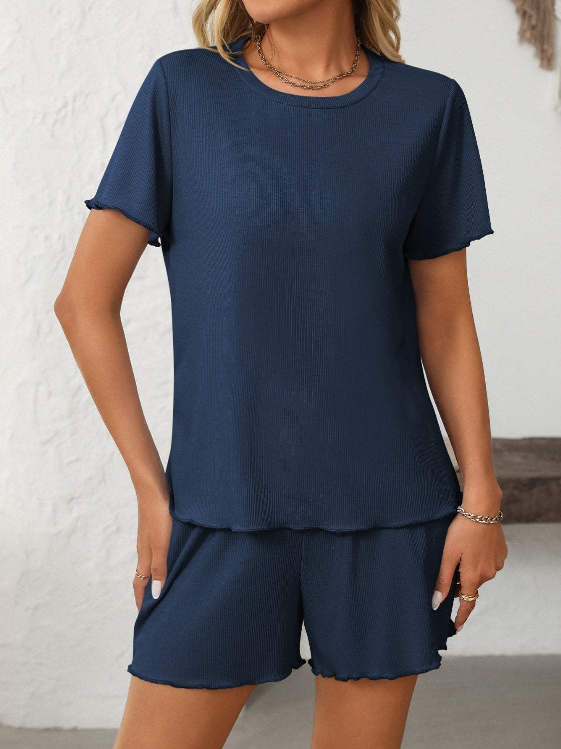 Mandy Round Neck Short Sleeve Top and Shorts Set - Trendsi - Flyclothing LLC