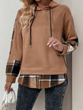 Perfee Drawstring Slit Plaid Long Sleeve Hoodie - Trendsi - Flyclothing LLC
