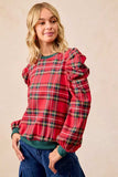BiBi Christmas Plaid Exaggerated Shoulder Sleeves Top - Trendsi - Flyclothing LLC