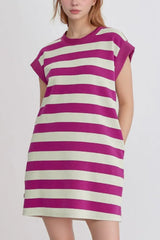 Stripe Cap Sleeve Pocketed Shift Tee Dress - Trendsi - Flyclothing LLC