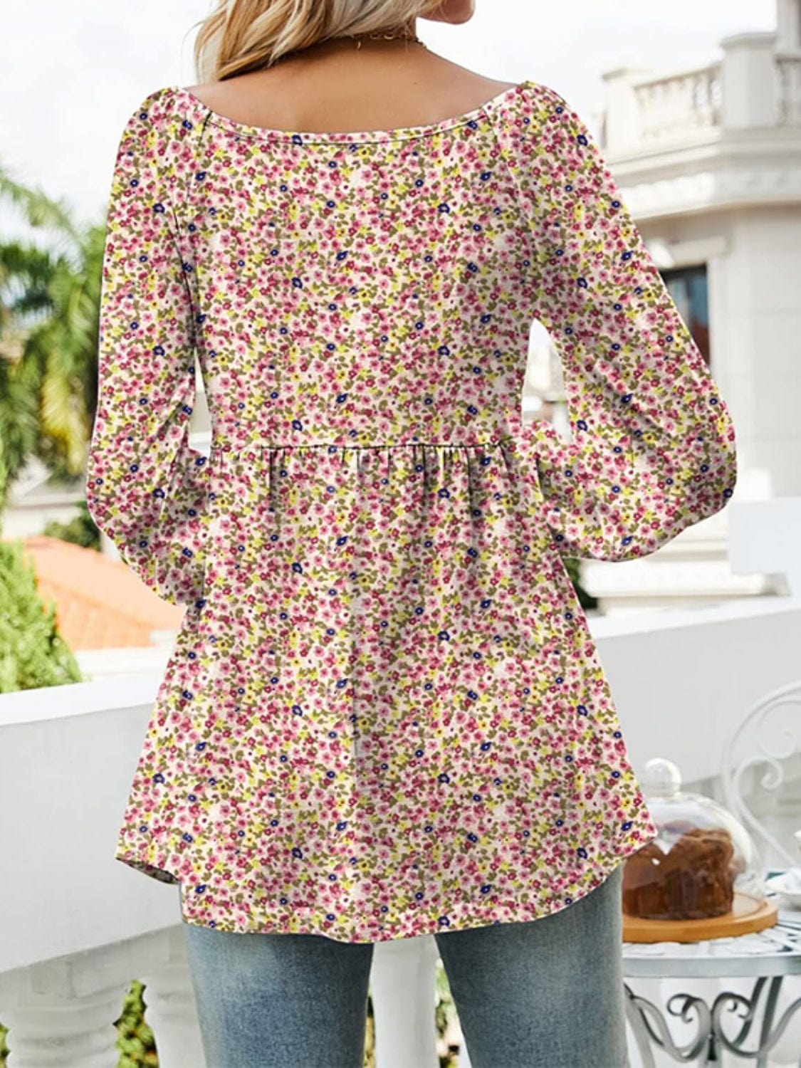 Printed Scoop Neck Long Sleeve Blouse - Trendsi