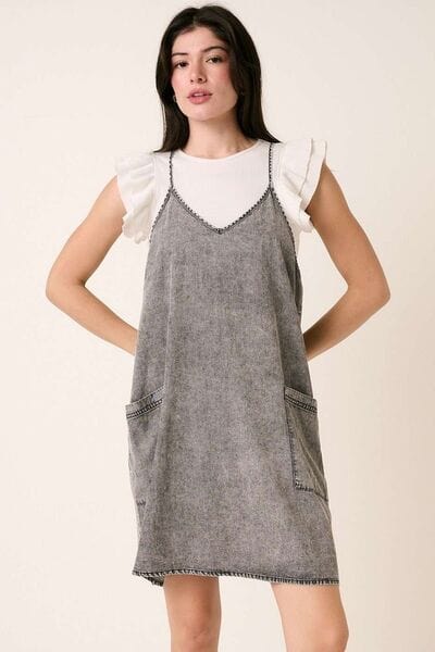 Mittoshop Washed Patch Pocket Mini Cami Denim Dress - Trendsi