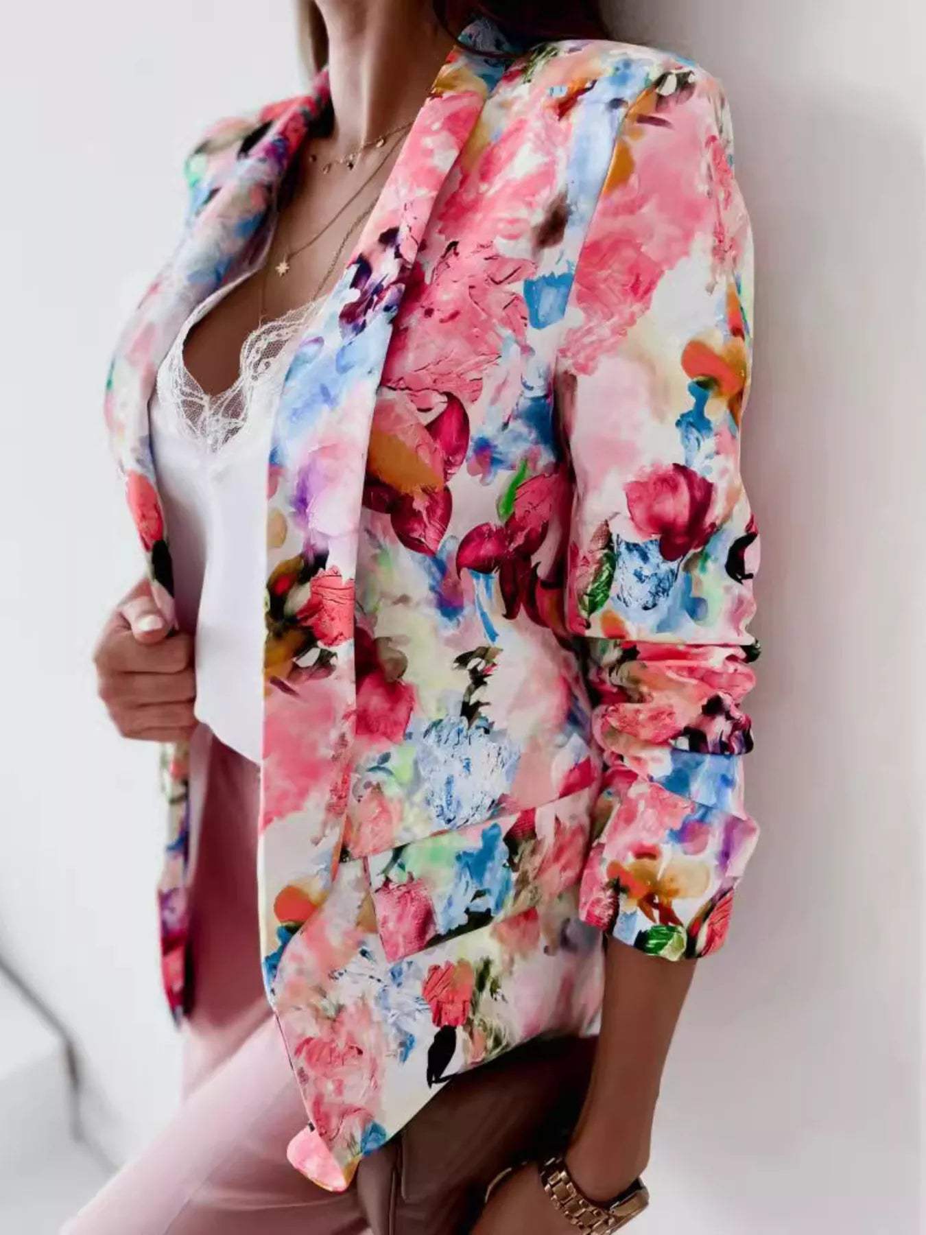 Vibrant Floral Print Open Front Blazer - Trendsi - Flyclothing LLC
