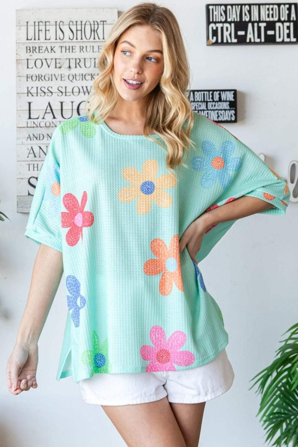 HOPELY Floral Waffle Oversize T-Shirt - Trendsi - Flyclothing LLC
