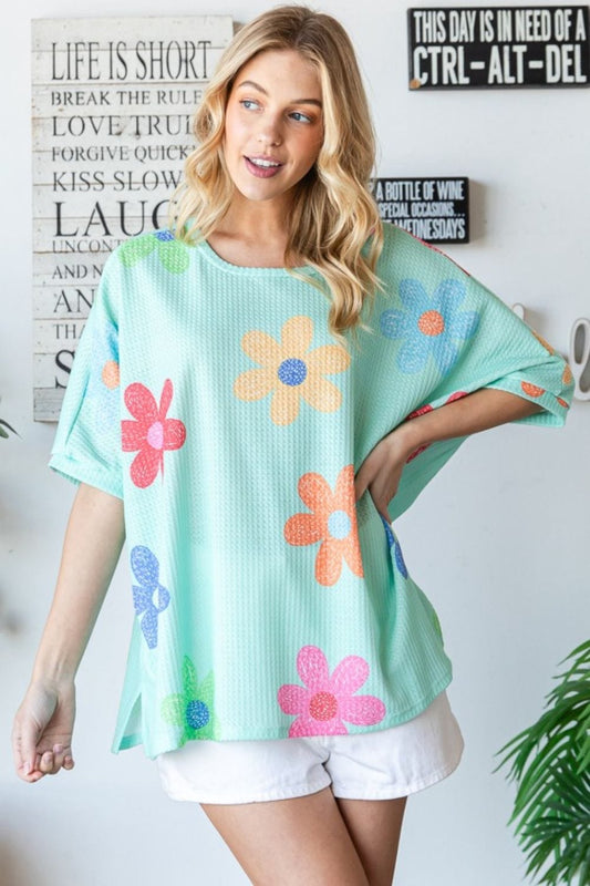 HOPELY Floral Waffle Oversize T-Shirt - Trendsi