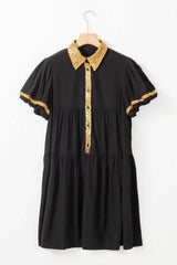 Sequin Half Button Short Sleeve Dress - Trendsi - Flyclothing LLC