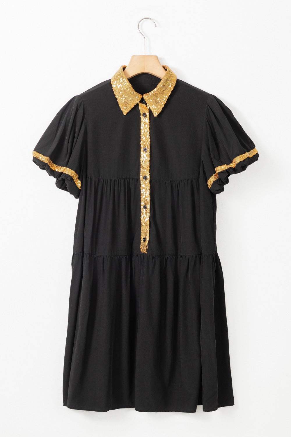 Sequin Half Button Short Sleeve Dress - Trendsi - Flyclothing LLC