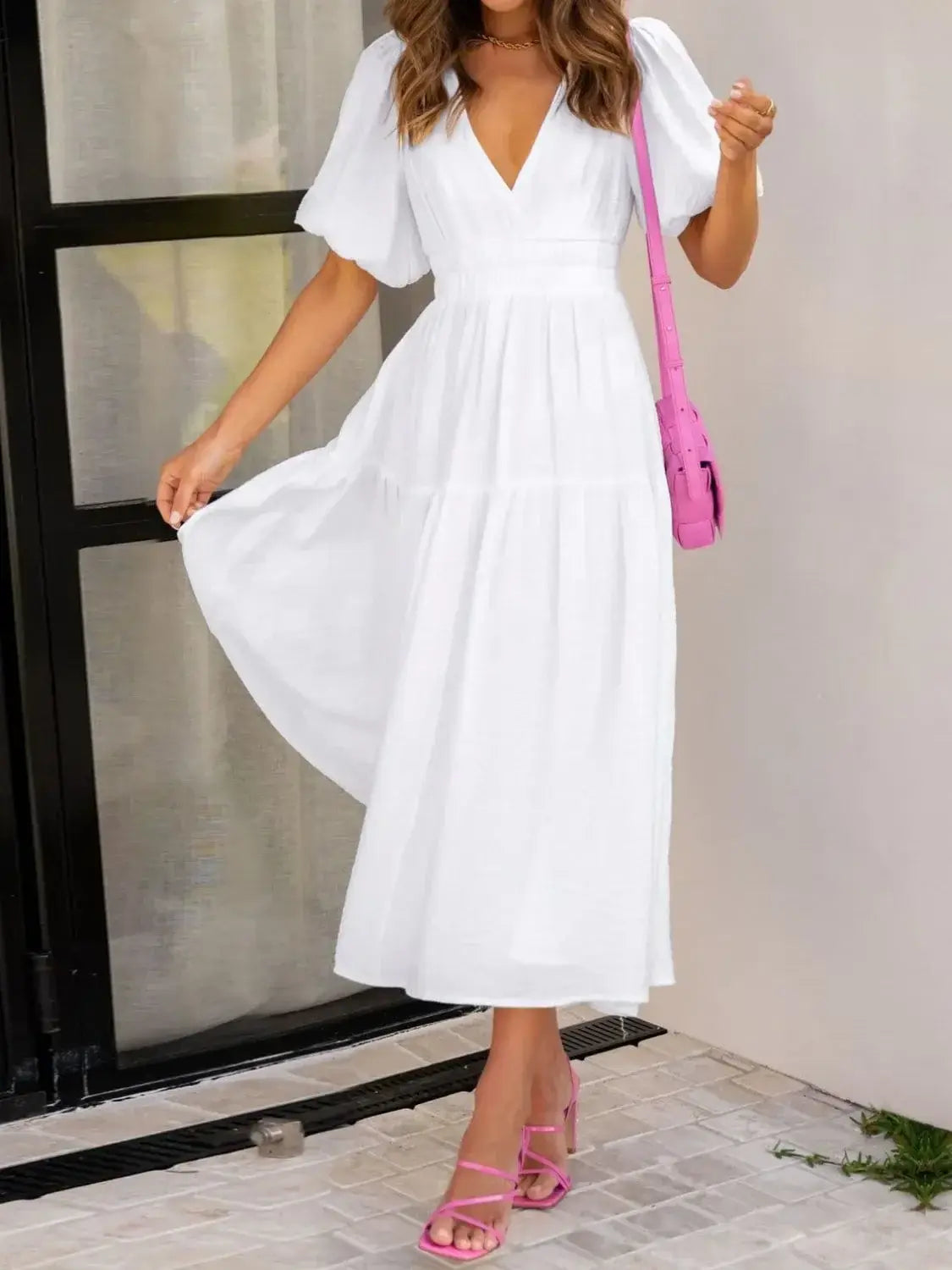 V-Neck Puff Sleeve Midi Dress - Trendsi - Flyclothing LLC