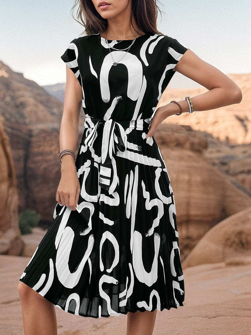 Printed Cap Sleeve Tie Waist Dress - Trendsi - Flyclothing LLC