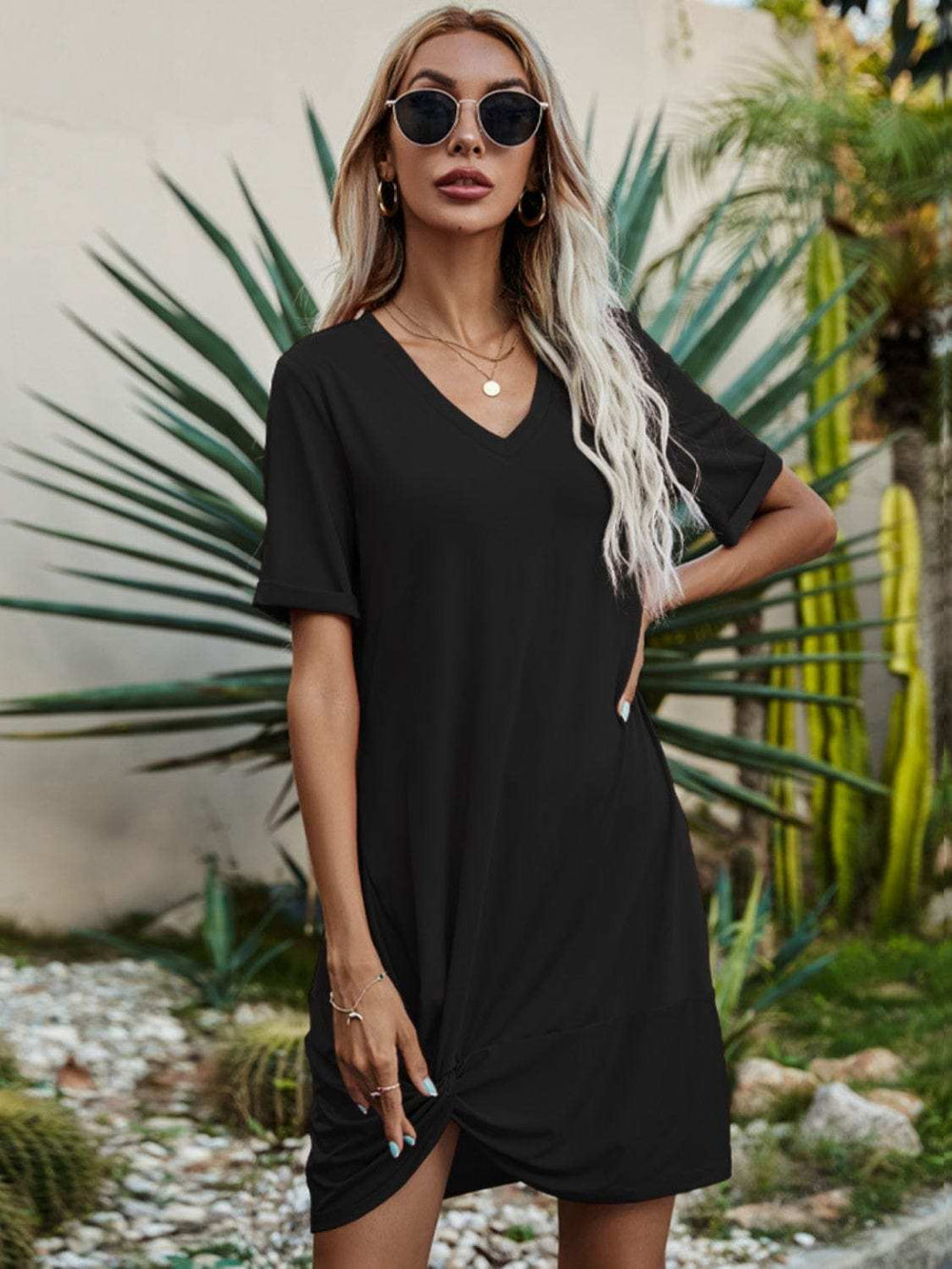 V-Neck Short Sleeve Mini Dress - Trendsi - Flyclothing LLC