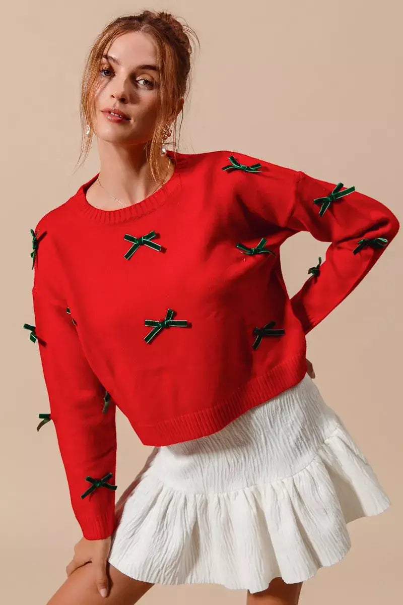 SO ME Ribbon Bow Applique Sweater - Trendsi - Flyclothing LLC
