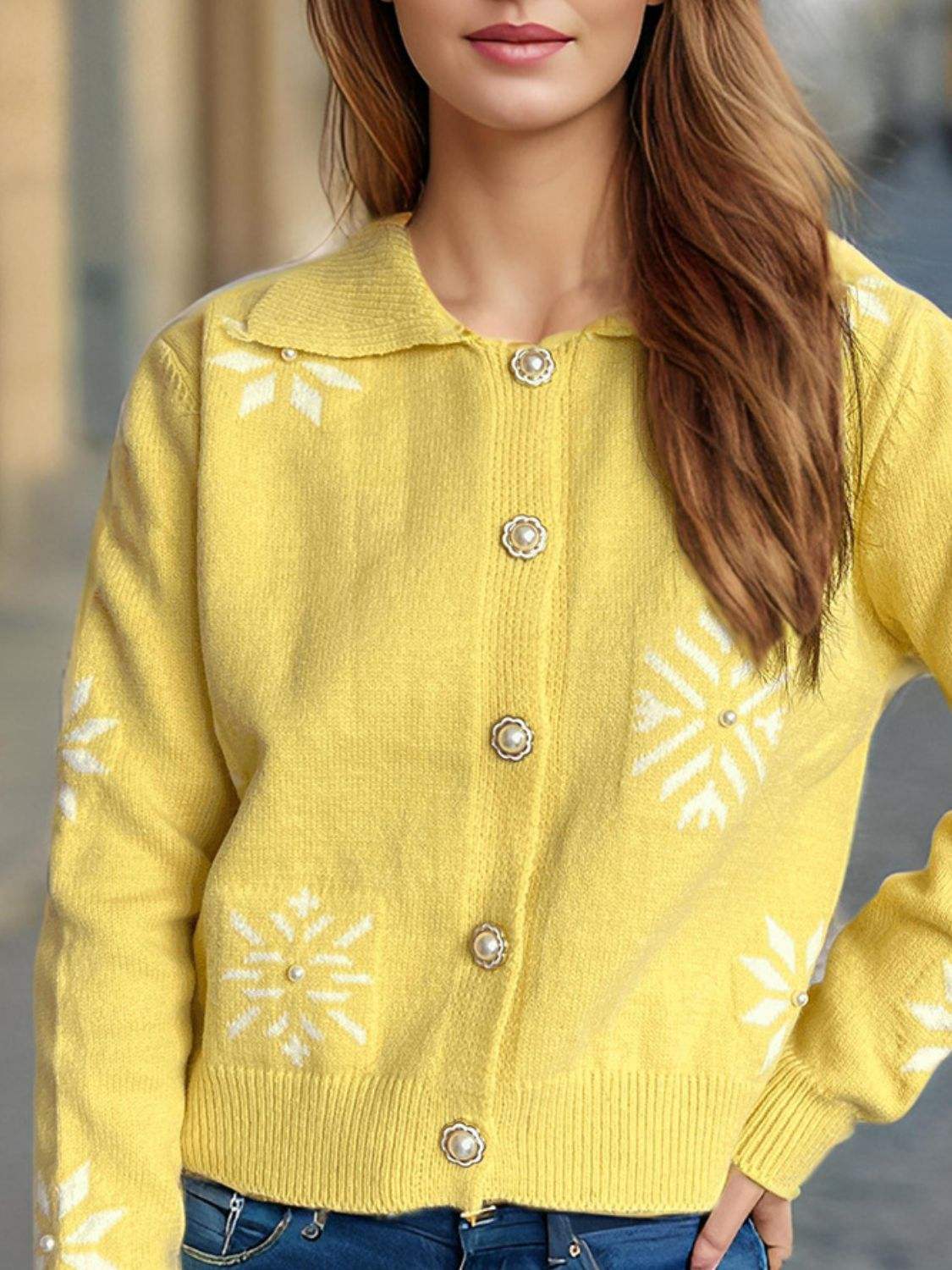 Pearl Trim Collared Neck Long Sleeve Cardigan - Trendsi - Flyclothing LLC