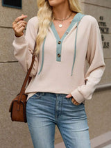 Waffle Knit Henley Hoodie with Contrast Trim - Trendsi - Flyclothing LLC