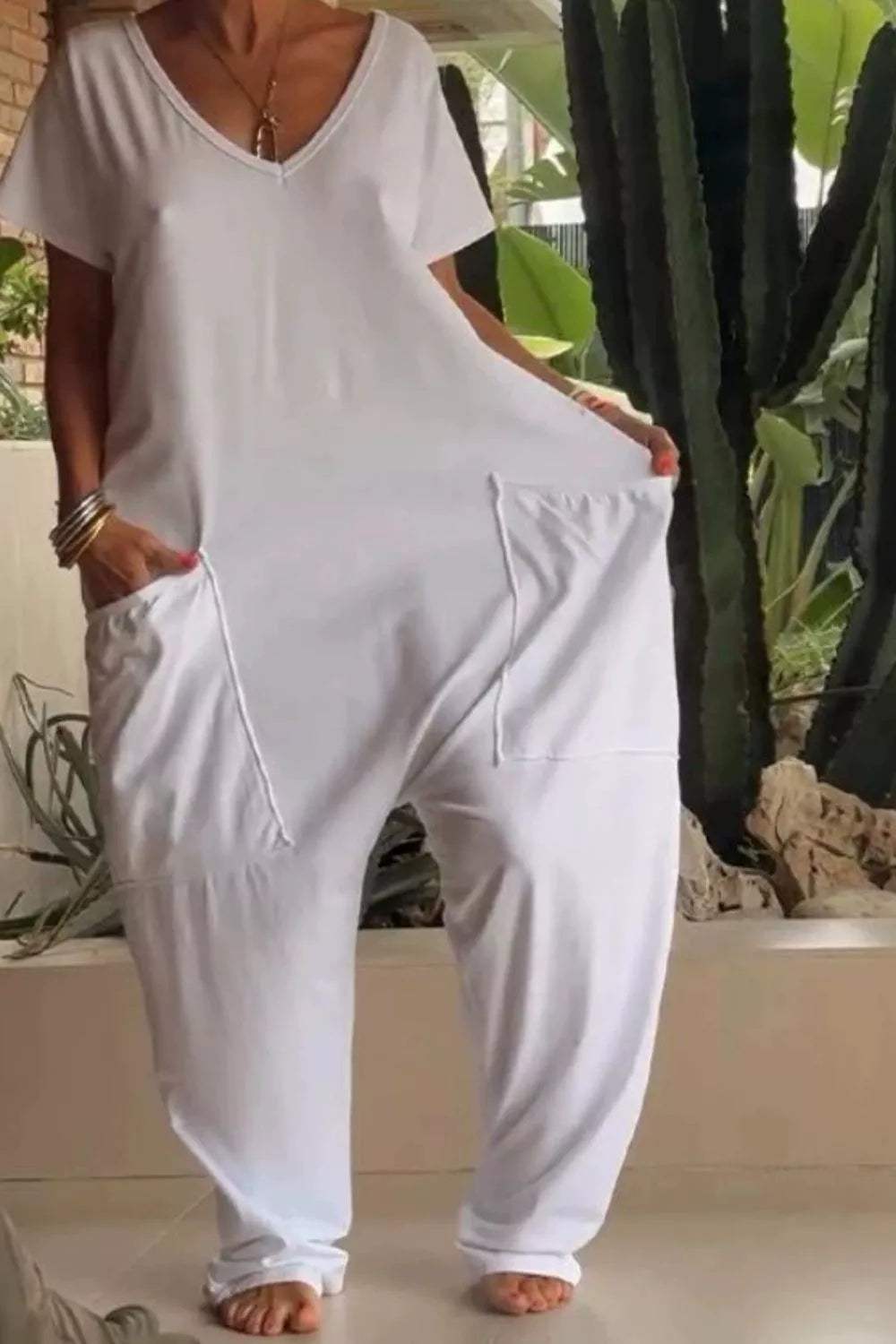 Full Size Casual V-Neck Short Sleeve Jumpsuit with Pockets Plus Size - Trendsi - Flyclothing LLC
