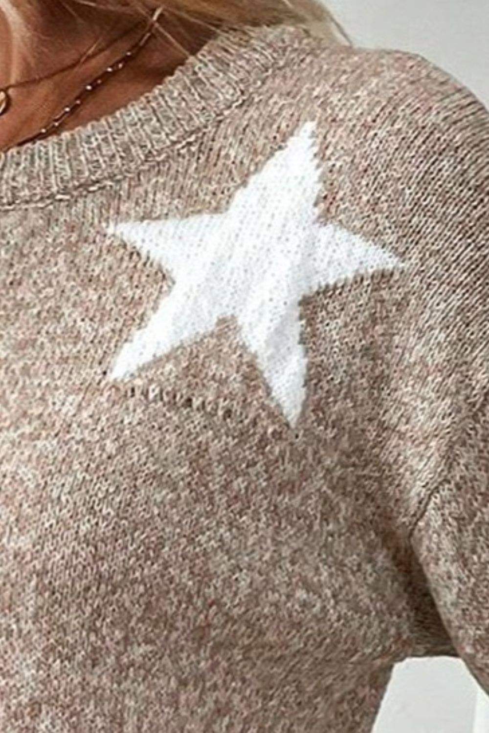 Star Round Neck Dropped Shoulder Sweater - Trendsi - Flyclothing LLC