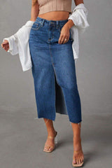 Slit Raw Hem Midi Denim Skirt - Trendsi - Flyclothing LLC