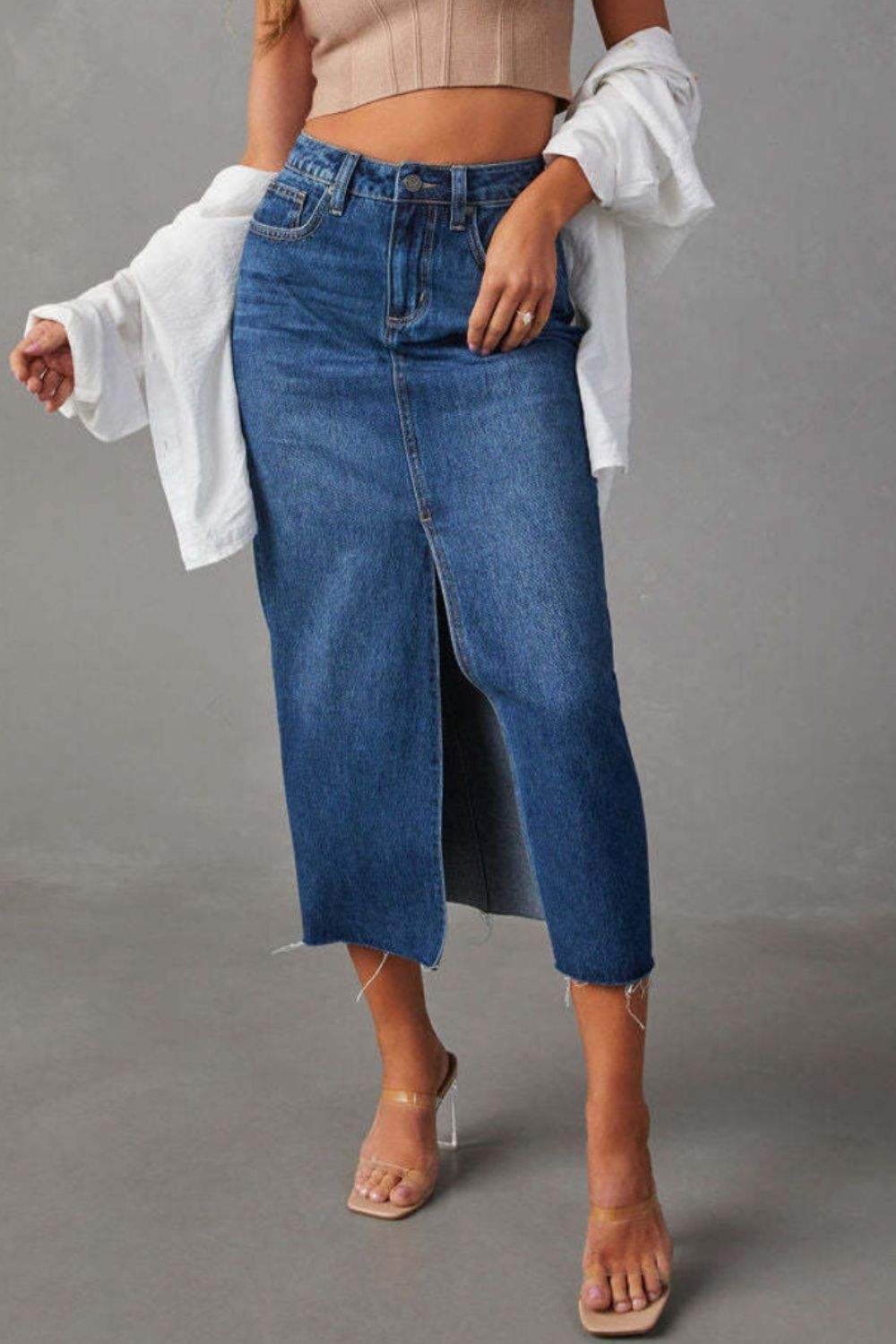 Slit Raw Hem Midi Denim Skirt - Trendsi - Flyclothing LLC