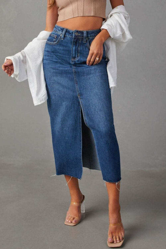 Slit Raw Hem Midi Denim Skirt - Trendsi - Flyclothing LLC