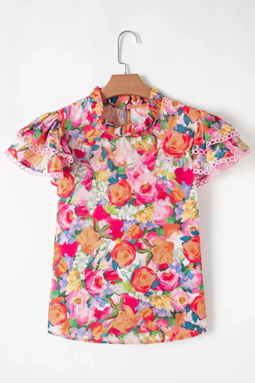 Lace Trim Ruffle Cap Sleeve Floral Blouse - Trendsi - Flyclothing LLC