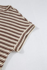Stripe Textured Side Slit Crew Neck T-Shirt - Trendsi - Flyclothing LLC