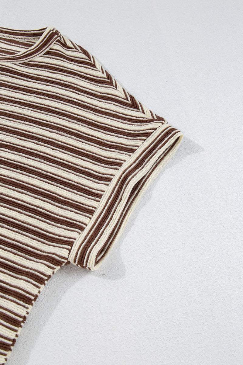 Stripe Textured Side Slit Crew Neck T-Shirt - Trendsi - Flyclothing LLC
