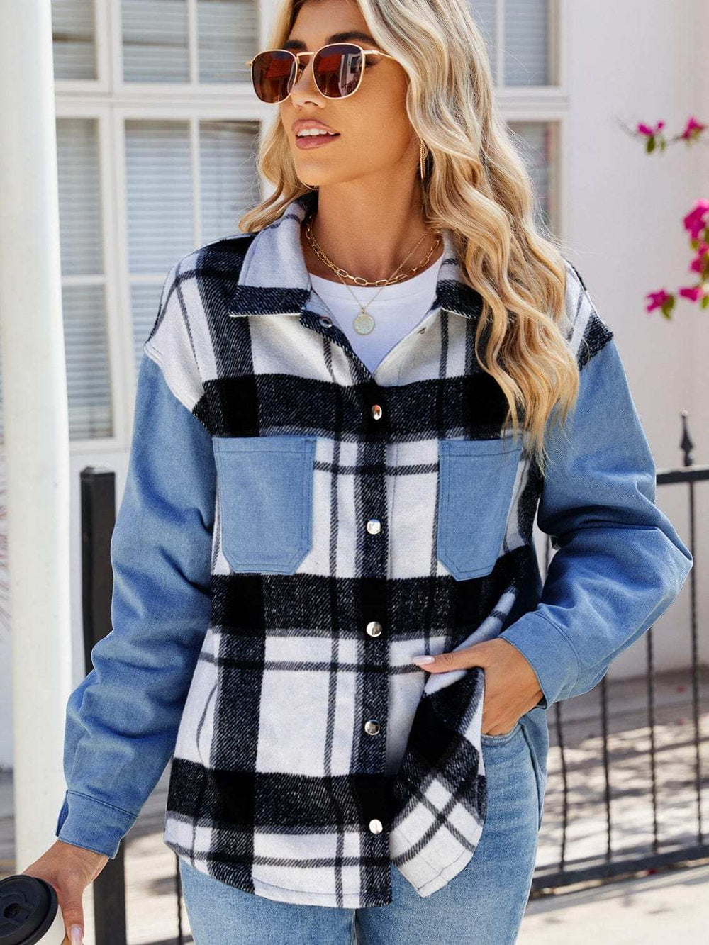 Pocketed Plaid Snap Down Denim Jacket - Trendsi - Flyclothing LLC
