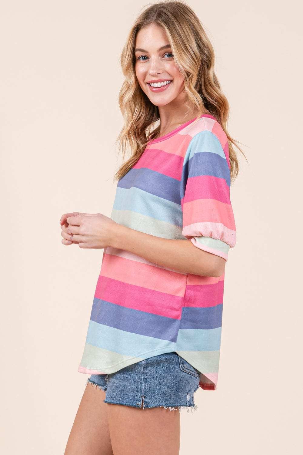 BOMBOM Striped Round Neck Half Sleeve T-Shirt - Trendsi - Flyclothing LLC