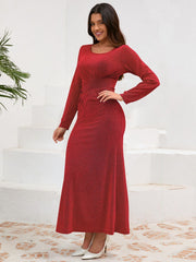 Ruched Round Neck Long Sleeve Dress - Trendsi