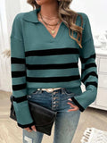 Striped Collared Neck Long Sleeve Sweater - Trendsi - Flyclothing LLC