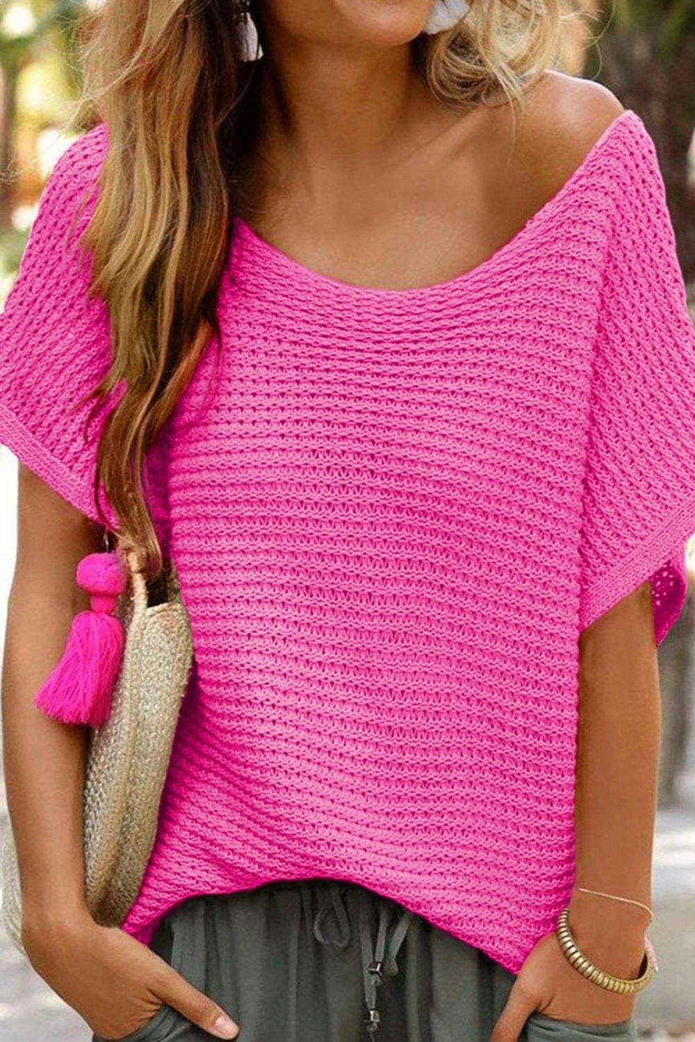 Boat Neck Short Sleeve Sweater - Trendsi - Flyclothing LLC