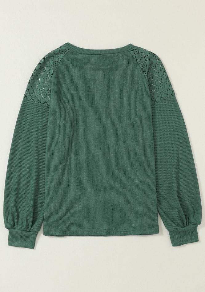 Lace Detail Round Neck Lantern Sleeve Top - Trendsi - Flyclothing LLC