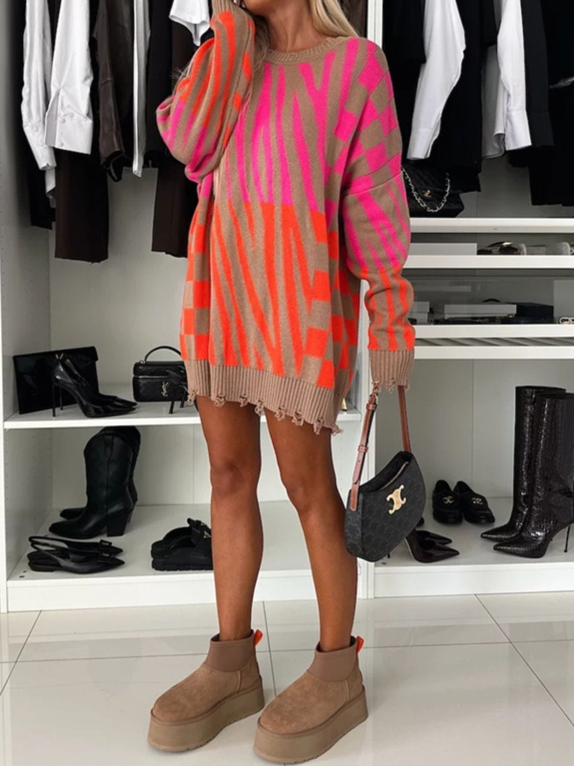 Contrast Round Neck Long Sleeve Oversize Sweater - Trendsi