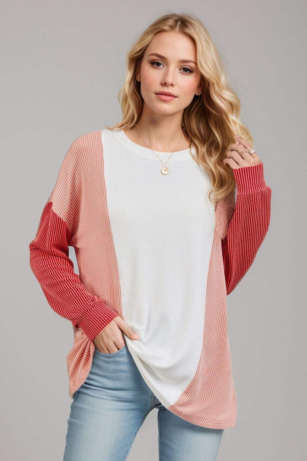 Double Take Texture Contrast Round Neck Long Sleeve T-Shirt - Trendsi - Flyclothing LLC