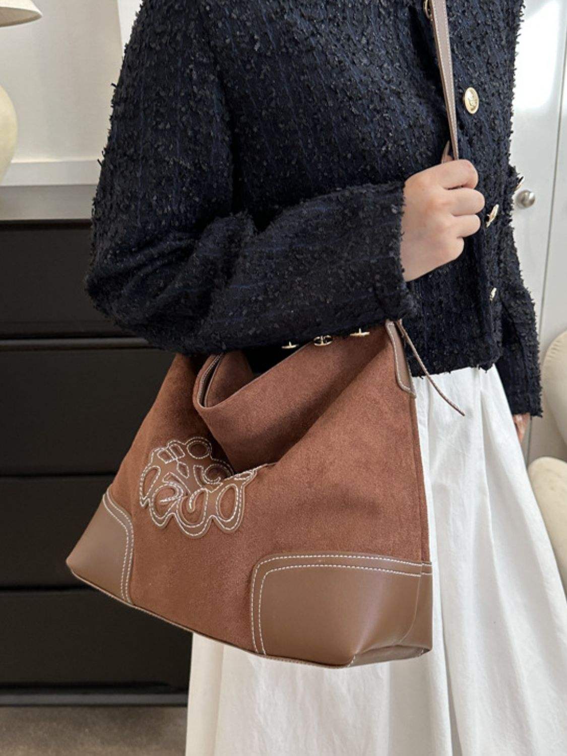 Suede Patch Adjustable Strap Tote Bag - Trendsi - Flyclothing LLC