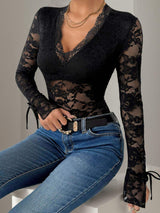 Perfee Lace V-Neck Long Sleeve Bodysuit - Trendsi - Flyclothing LLC