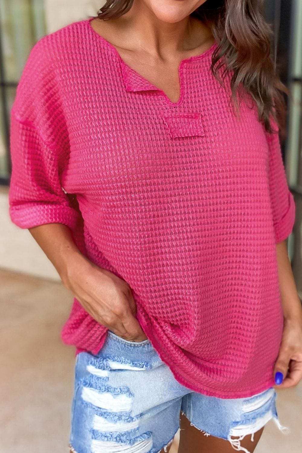 Textured Cuffed Short Sleeve Top - Trendsi - Flyclothing LLC