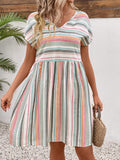 Striped V-Neck Short Sleeve Dress - Trendsi