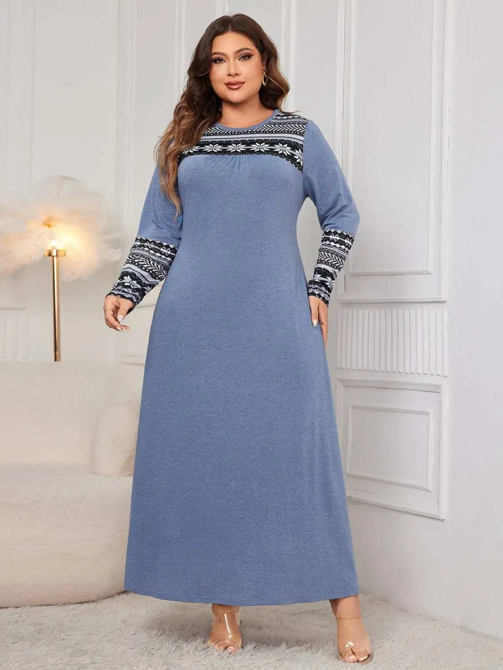 Plus Size Printed Round Neck Long Sleeve Dress - Trendsi - Flyclothing LLC