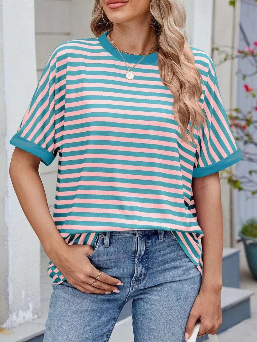 Striped Round Neck Half Sleeve T-Shirt - Trendsi - Flyclothing LLC