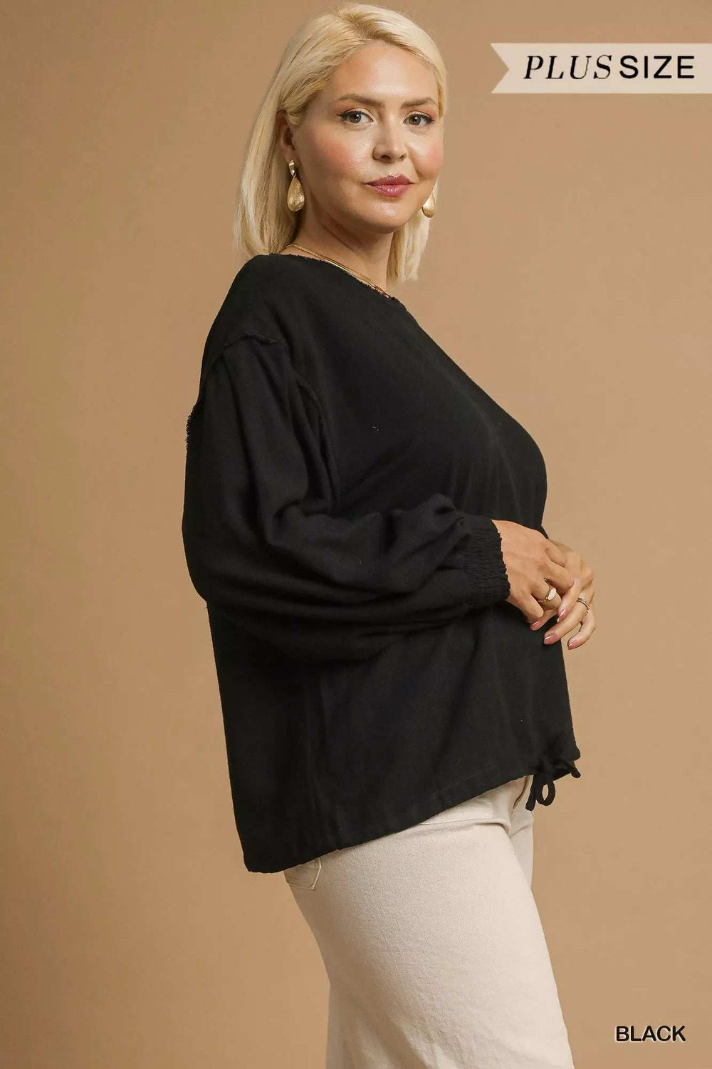 Umgee Full Size Linen Long Sleeve Top with Drawstring Plus Size - Trendsi - Flyclothing LLC