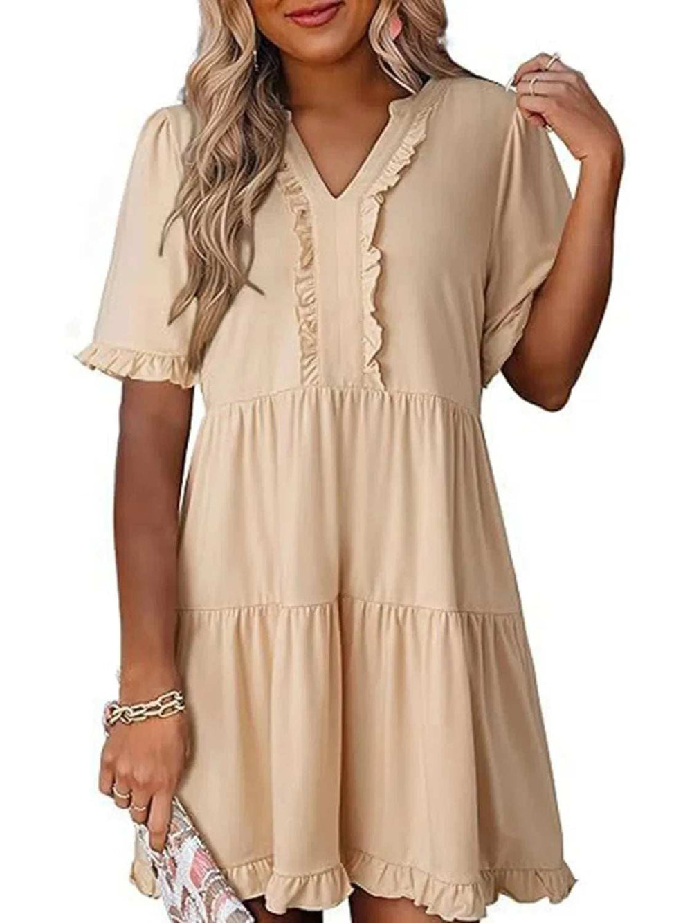 Tiered Notched Short Sleeve Mini Dress - Trendsi - Flyclothing LLC