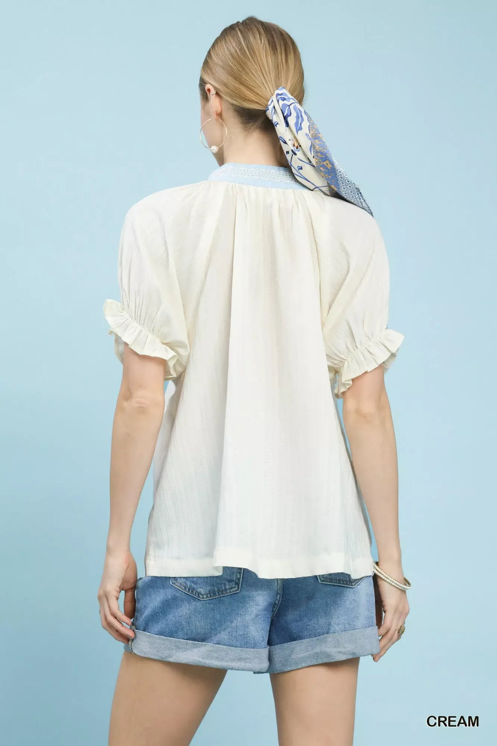 Umgee Textured V-Neck Top with Lace Trim Details - Trendsi - Flyclothing LLC