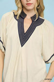 Umgee Linen Puff Sleeve Contrast Trim Top - Trendsi - Flyclothing LLC