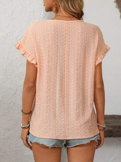 Mandy Eyelet Round Neck Short Sleeve Top - Trendsi - Flyclothing LLC