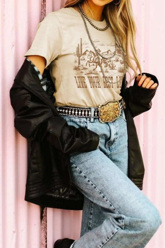 LIVE YOUR BEST LIFE Western Graphic Short Sleeve T-Shirt - Trendsi - Flyclothing LLC