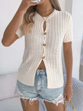 Cable Knit Button Down Short Sleeve Cardigan - Trendsi - Flyclothing LLC
