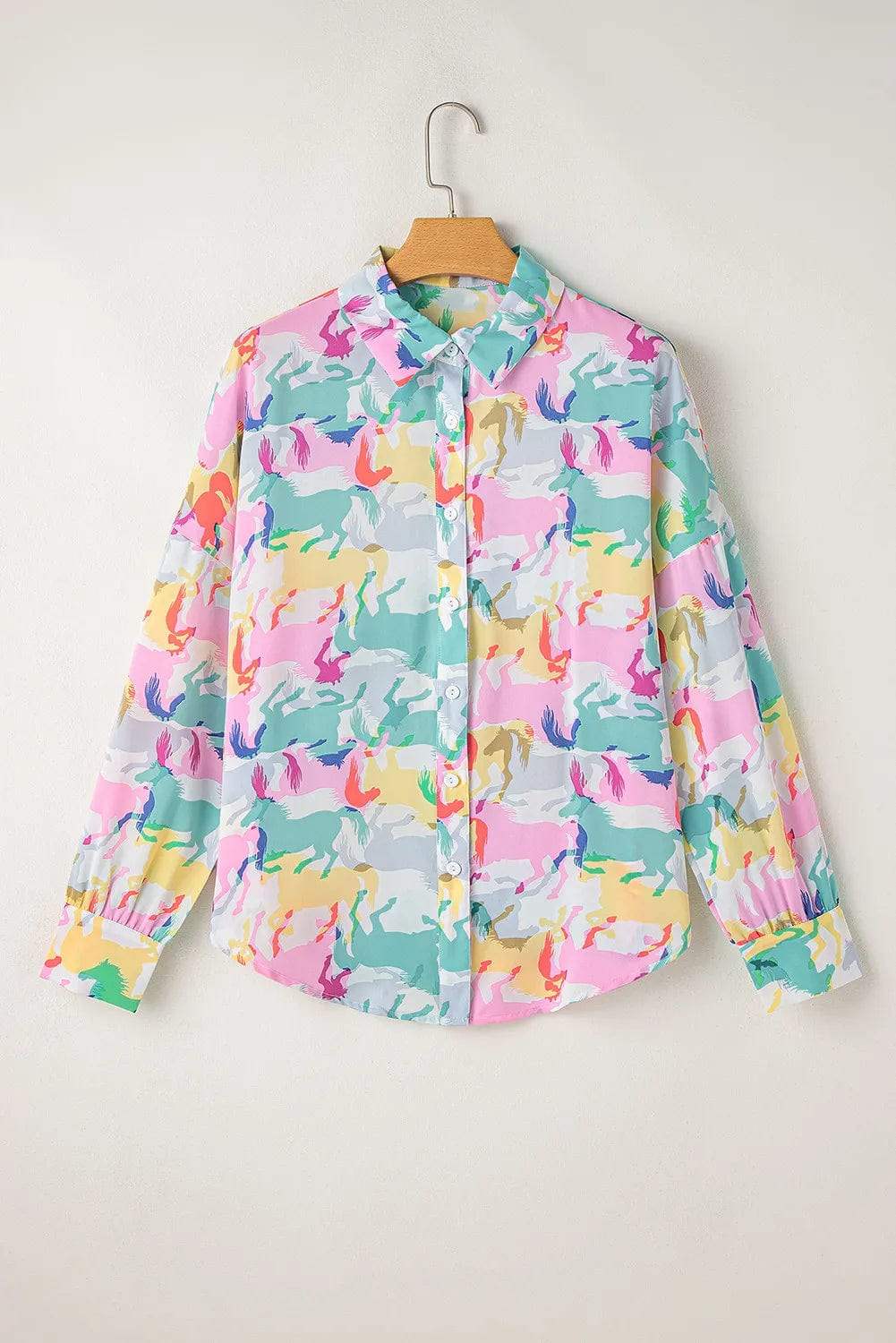 Horse Print Collared Neck Long Sleeve Shirt - Trendsi - Flyclothing LLC