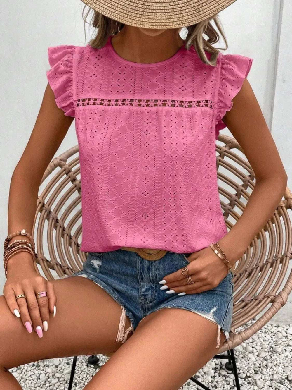 Eyelet Round Neck Cap Sleeve Top - Trendsi - Flyclothing LLC