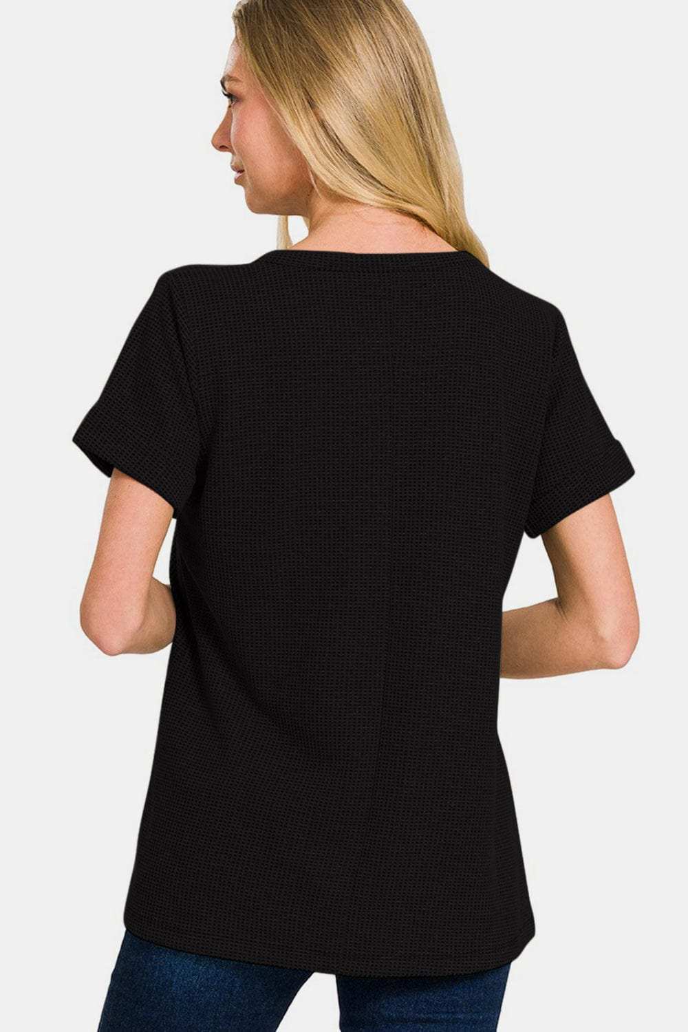 Zenana Notched Short Sleeve Waffle T-Shirt - Trendsi - Flyclothing LLC