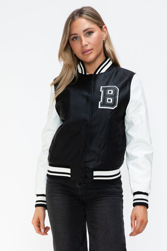 Love Me Now PU Leather Contrast Snap Down Bomber Jacket - Trendsi
